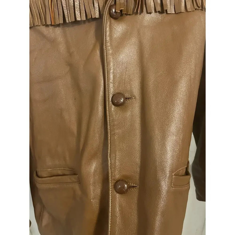 VTG 70s Deerskin Leather Jacket Fringe Western Belted Dagger Rock Brown L/XL 46